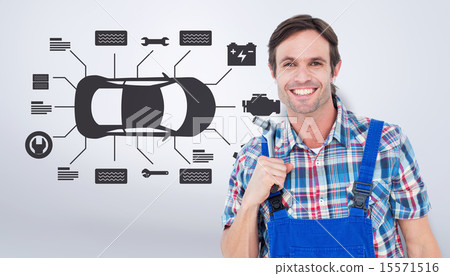 Composite image of confident plumber holding tool over white bac Composite image of confident plumber holding tool over white bac 15571516