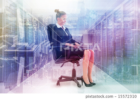 Composite image of businesswoman sitting on swivel chair with la 15572310