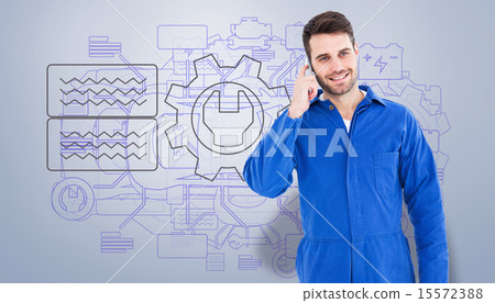 Composite image of smiling male mechanic using mobile phone Composite image of smiling male mechanic using mobile phone 15572388