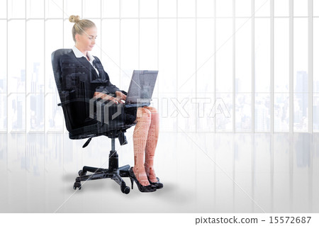 Composite image of businesswoman sitting on swivel chair with la 15572687