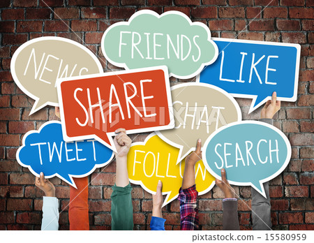 Hands Holding Speech Bubbles with Social Media Words Hands Holding Speech Bubbles with Social Media Words 15580959