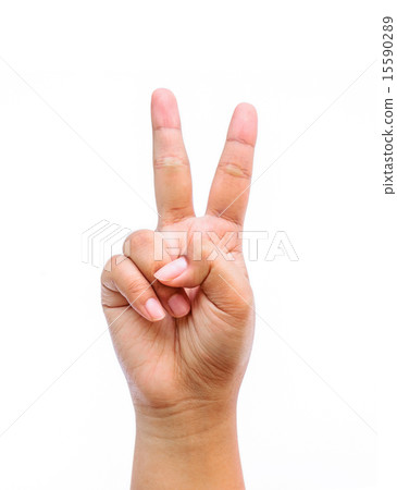 Female hand sign victory isolated on white  15590289