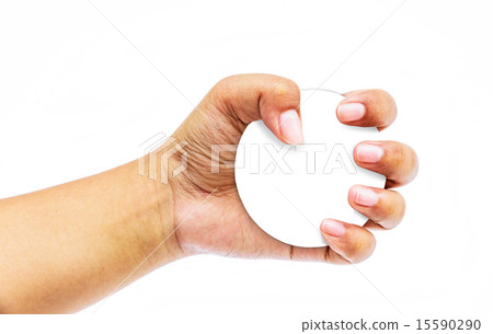 Female hand with a circle blank card on white 15590290