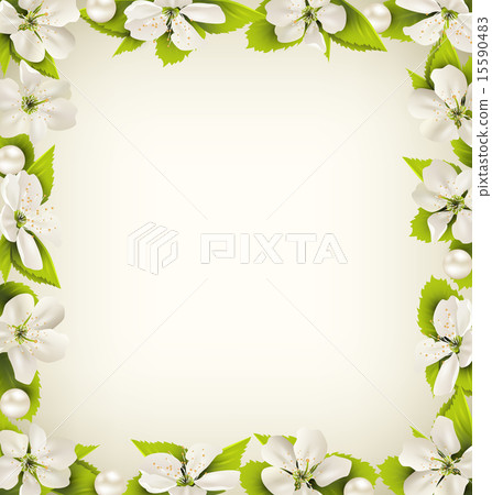 Cherry flowers with pearl bead like frame on beige 15590483