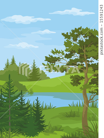 Landscape with Trees and River - Stock Illustration [15591243] - PIXTA