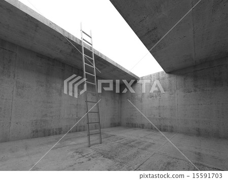 Metal ladder goes up from dark concrete room Metal ladder goes up from dark concrete room 15591703