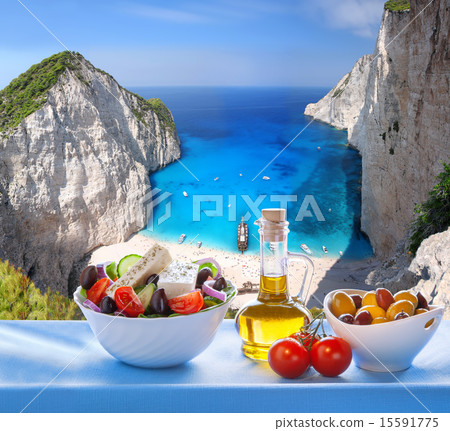 Navagio beach with Greek salad in Zakynthos,Greece 15591775