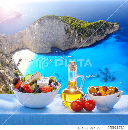 Navagio beach with Greek salad in Zakynthos,Greece 15591781
