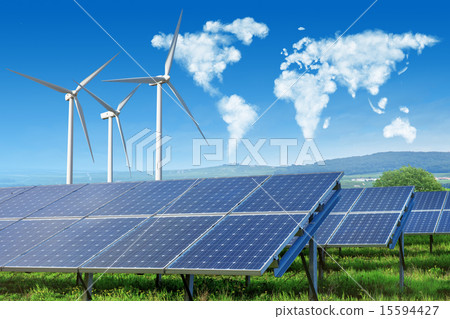 solar panels and wind turbines with world map solar panels and wind turbines with world map 15594427
