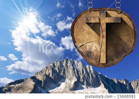 Wooden Cross on Tree Trunk - Italian Alps 15600391