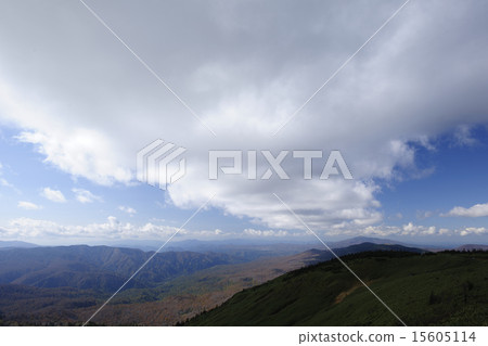 Cloud linking mountain ranges of autumn leaves / Senboku city, Akita prefecture 15605114