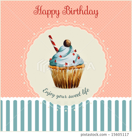 Birthday greeting card template with watercolor cupcake illustration Birthday greeting card template with watercolor cupcake illustration 15605117
