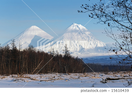 Klyuchevskoy Volcano and Kamen Volcano. Kamchatka Klyuchevskoy Volcano and Kamen Volcano. Kamchatka 15610439
