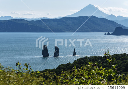 Nature of Kamchatka - view of bay, rocks, volcano Nature of Kamchatka - view of bay, rocks, volcano 15611009