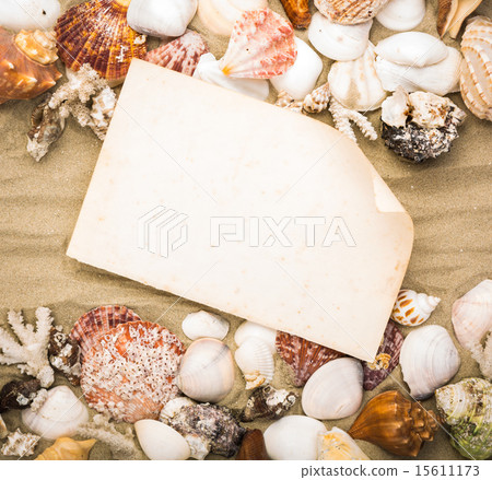 Sea shells on beach sand with old paper 15611173