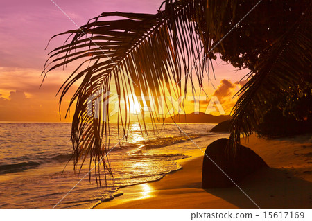 Sunset on beach Source D'Argent at Seychelles Sunset on beach Source D'Argent at Seychelles 15617169