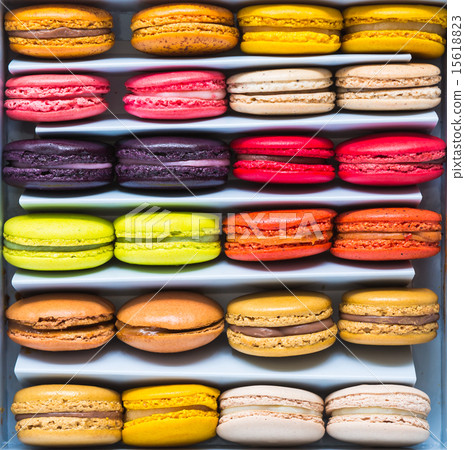 French colorful macarons in a rows 15618823