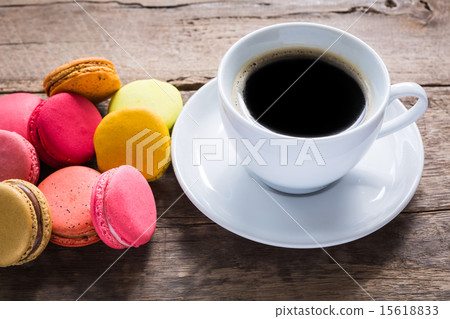 French colorful macarons with cup of coffee 15618833