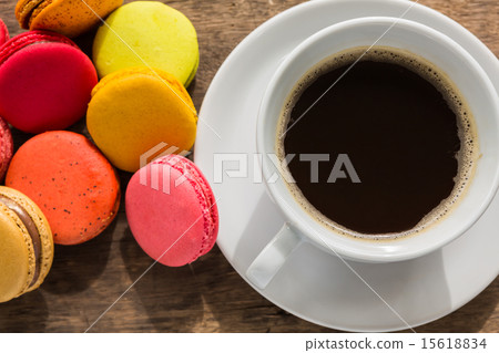 French colorful macarons with cup of coffee 15618834