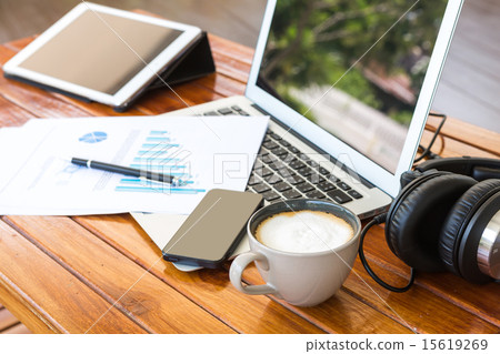 Stock Photo: Laptop, tablet , smartphone and coffee cup