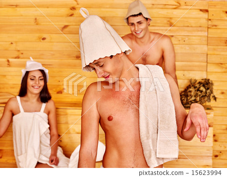 Group people in Santa hat  at sauna. 15623994
