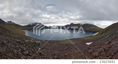 View crater lake active Khangar Volcano. Kamchatka 15625691