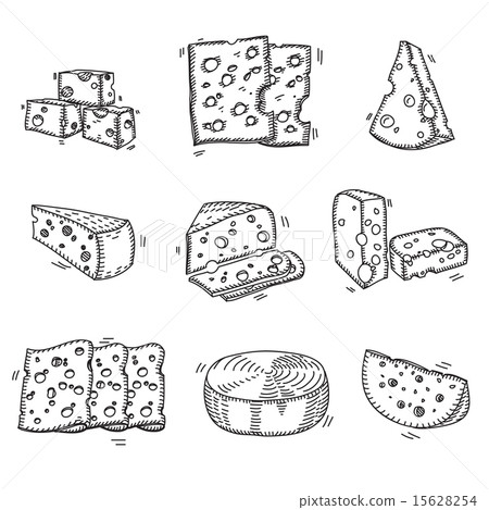 Hand drawn doodle sketch cheese with different types of cheeses in retro style stylized Hand drawn doodle sketch cheese with different types of cheeses in retro style stylized 15628254