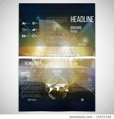Vector set of tri-fold brochure design template on both sides with world globe element. Abstract 3D 15632186