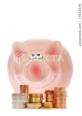 Pink piggy bank and euro coins 15632876