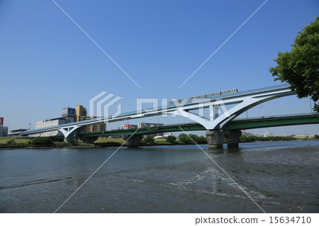 穿過在Arakawa的範橋的日暮寺廟劃線員和藍天 15634710