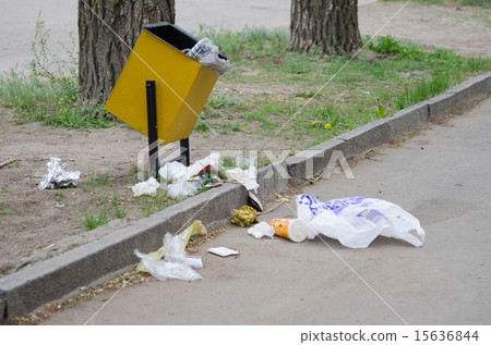 Debris is scattered around the garbage bins 15636844