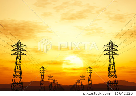 High Voltage Electric Poles in the Sunset Sunrise 15642129