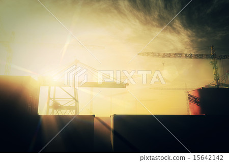 Industral Area and Cranes in the Sunset Sunrise Industral Area and Cranes in the Sunset Sunrise 15642142