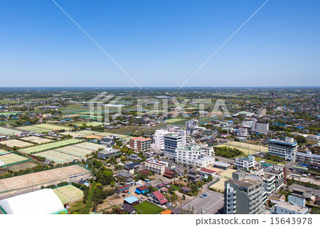 Aerial view of landscape with tennis court 15643978