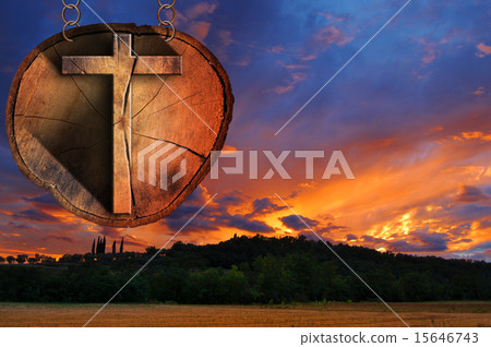 Wooden Cross on Tree Trunk at the Sunset Wooden Cross on Tree Trunk at the Sunset 15646743