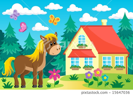 Horse in garden near house Horse in garden near house 15647036