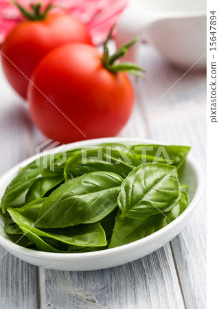 fresh basil leaves and tomatoes fresh basil leaves and tomatoes 15647894
