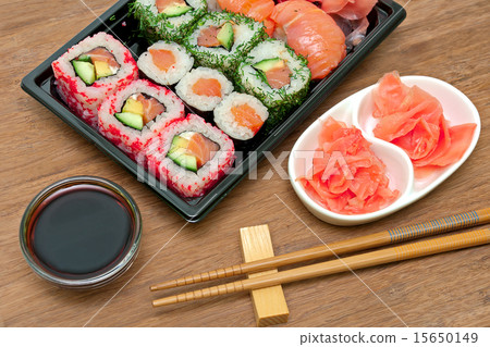 rolls and sushi, soy sauce and pickled ginger 15650149