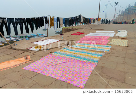 Laundry drying near Ganga river in Ghat. Varanasi Laundry drying near Ganga river in Ghat. Varanasi 15653805
