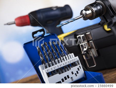 Set of different tools on wooden background Set of different tools on wooden background 15660499