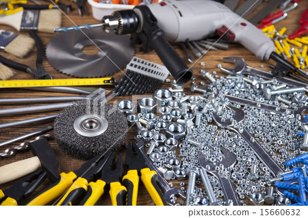 Set of different tools on wooden background Set of different tools on wooden background 15660632