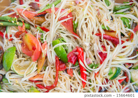 Thai papaya salad serve with vegetables close up 15664601