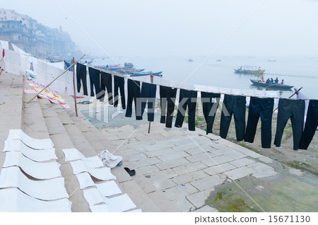 Laundry drying on steps of ghat near Ganga river 15671130