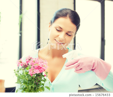 woman holding pot with flower and spray bottle woman holding pot with flower and spray bottle 15676433