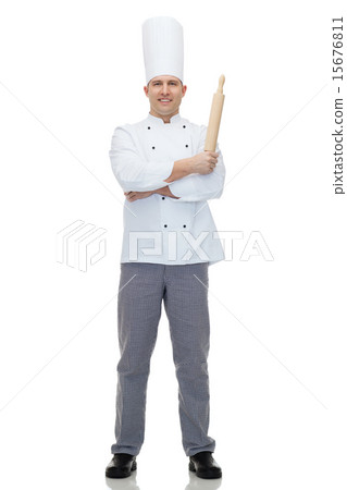 happy male chef cook holding rolling pin happy male chef cook holding rolling pin 15676811