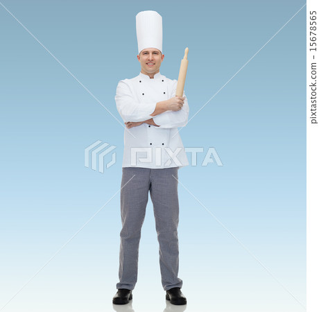 happy male chef cook holding rolling pin happy male chef cook holding rolling pin 15678565