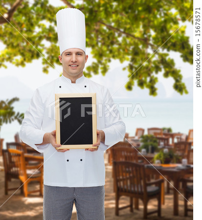 happy male chef cook holding blank menu board happy male chef cook holding blank menu board 15678571
