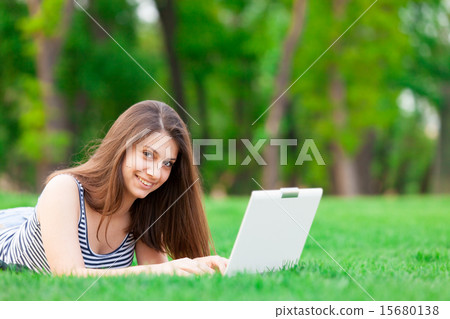 brunette student girl with laptop computer brunette student girl with laptop computer 15680138