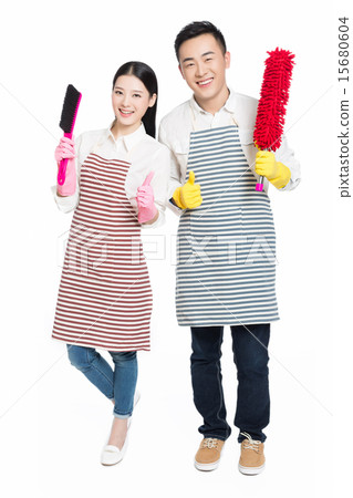 man and woman holding cleaning supplies man and woman holding cleaning supplies 15680604