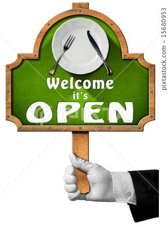 Welcome it is Open - Sign with Hand of Waiter 15680953